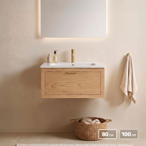 Meuble de salle de bain simple vasque en bois massif naturel - Sylva