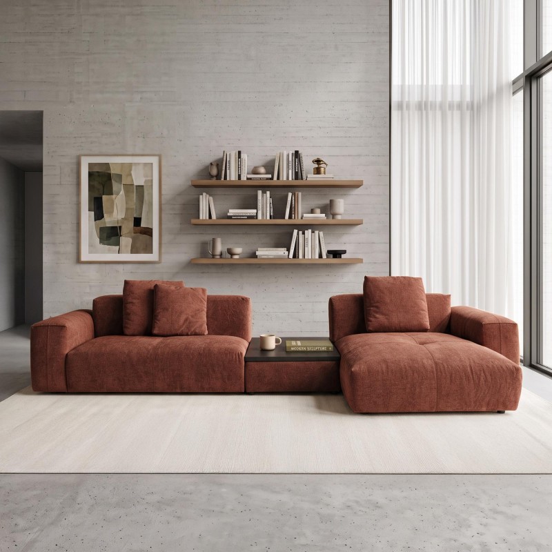 Canapé d'angle 5 places avec méridienne droite et table basse intégrée - Olya