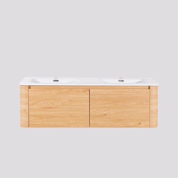 Meuble de salle de bain double vasque suspendu en noyer blond 120 cm - Celestine