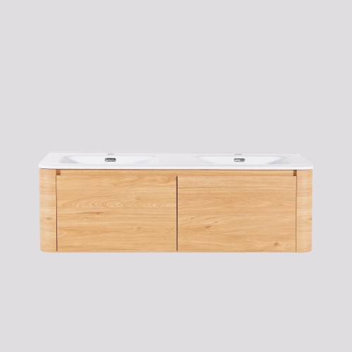 Meuble de salle de bain double vasque suspendu en noyer blond 120 cm - Celestine