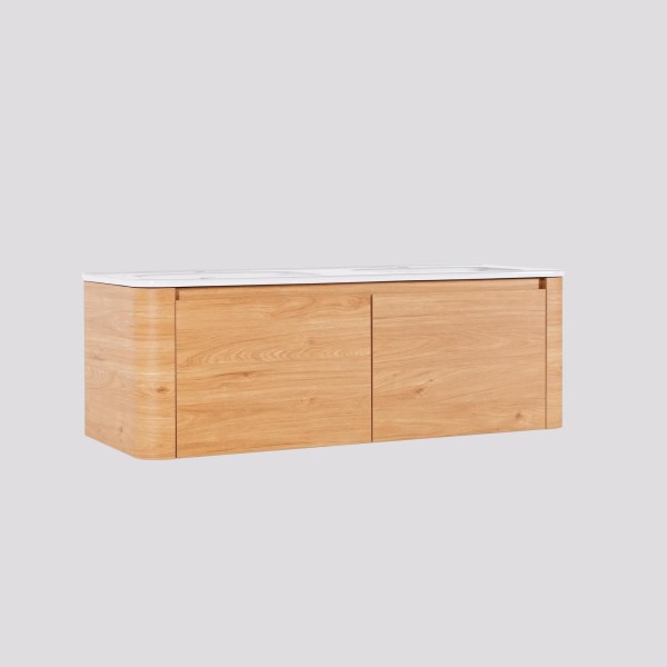 Meuble de salle de bain double vasque suspendu en noyer blond 120 cm - Celestine