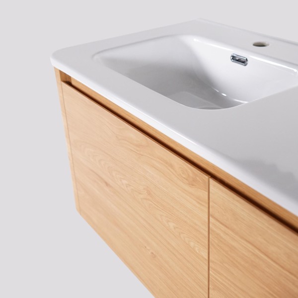 Meuble de salle de bain double vasque suspendu en noyer blond 120 cm - Celestine