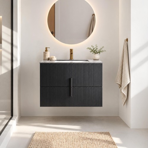 Meuble de salle de salle de bain simple vasque suspendu anthracite avec plateau céramique marbré 75 cm - Covellite