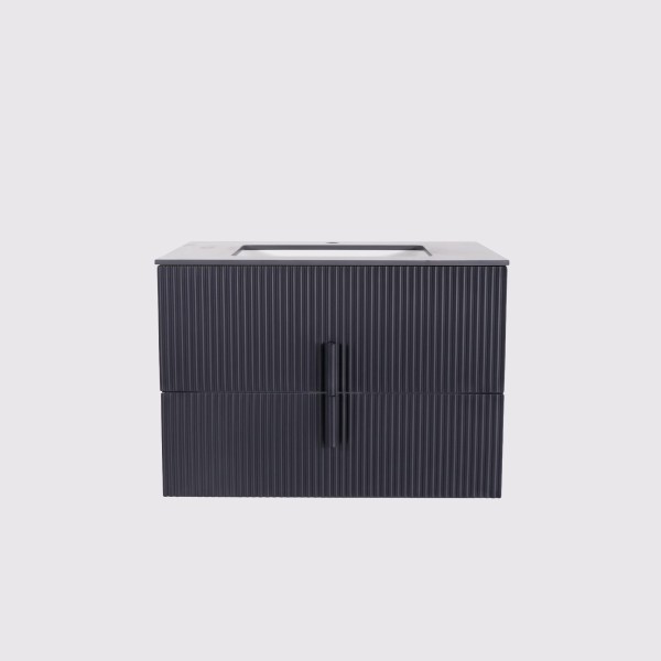Meuble de salle de salle de bain simple vasque suspendu anthracite avec plateau céramique marbré 75 cm - Covellite