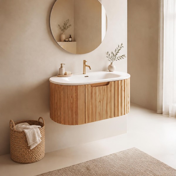 Meuble de salle de bain simple vasque suspendu en bois d'acacia naturel 80 cm - Sphene