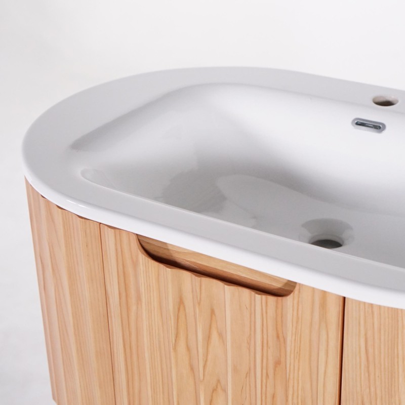 Meuble de salle de bain simple vasque suspendu en bois d'acacia naturel 80 cm - Sphene