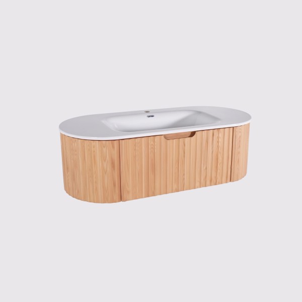 Meuble de salle de bain double vasque suspendu en bois d'acacia naturel 120 cm - Sphene