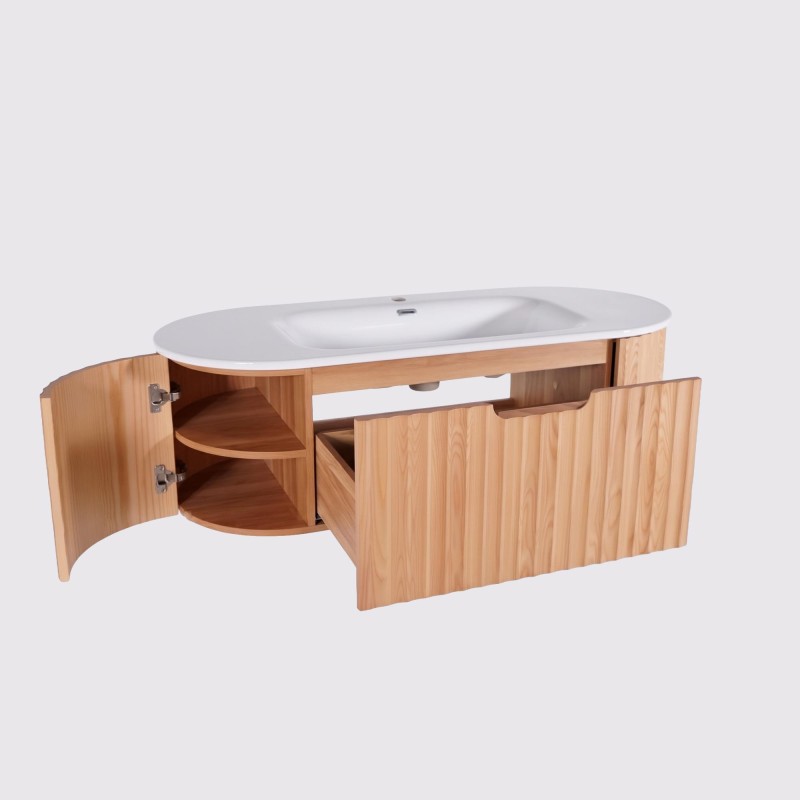 Meuble de salle de bain double vasque suspendu en bois d'acacia naturel 120 cm - Sphene
