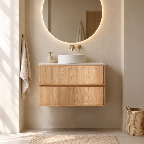 Meuble sous vasque suspendu en noyer blond avec plateau en céramique blanc 80 cm - Carnelian