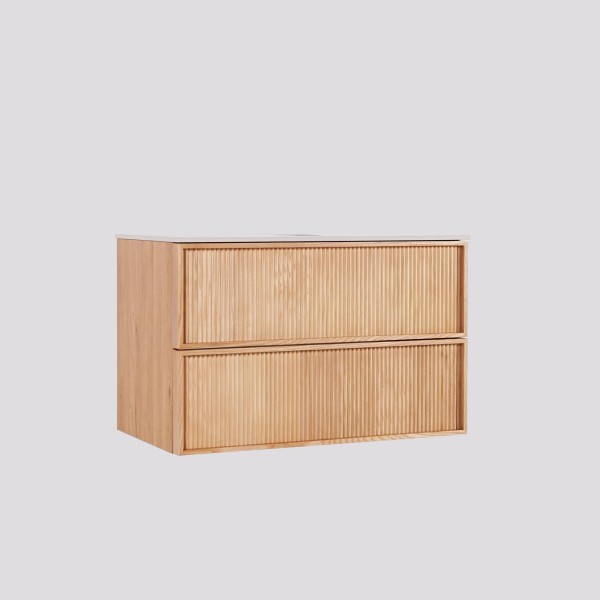 Meuble sous vasque suspendu en noyer blond avec plateau en céramique blanc 80 cm - Carnelian