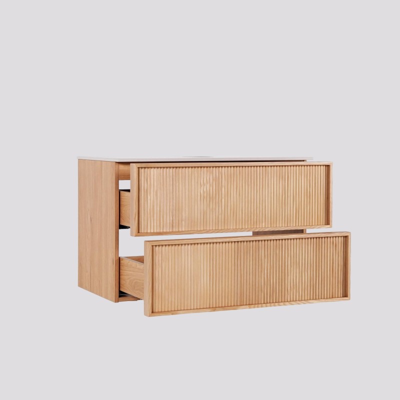 Meuble sous vasque suspendu en noyer blond avec plateau en céramique blanc 80 cm - Carnelian