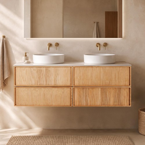 Meuble sous double vasque suspendu en noyer blond avec plateau en céramique blanc 150 cm - Carnelian