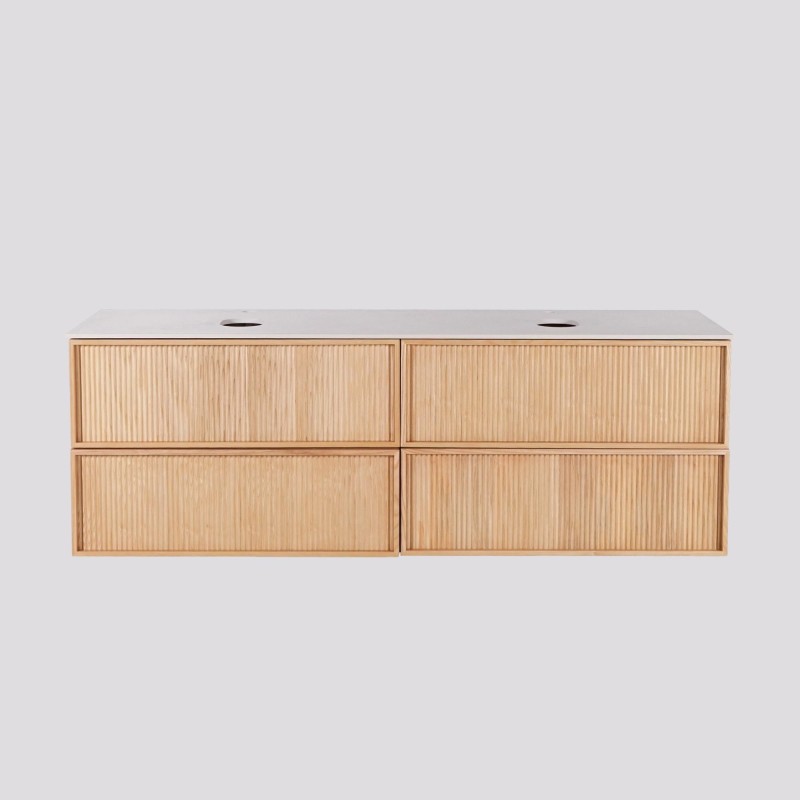 Meuble sous double vasque suspendu en noyer blond avec plateau en céramique blanc 150 cm - Carnelian