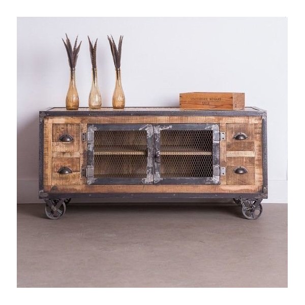 Meuble TV industriel 4 tiroirs finition antique