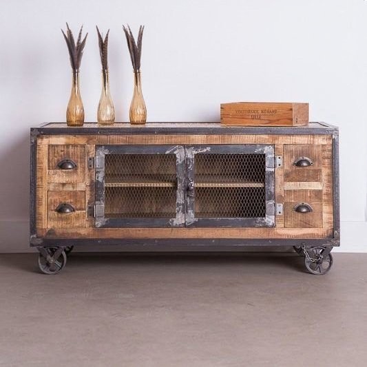 Meuble TV industriel 4 tiroirs finition antique