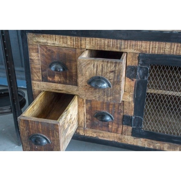 Meuble TV industriel 6 tiroirs finition carbone