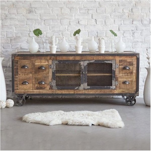Meuble TV industriel 6 tiroirs finition antique