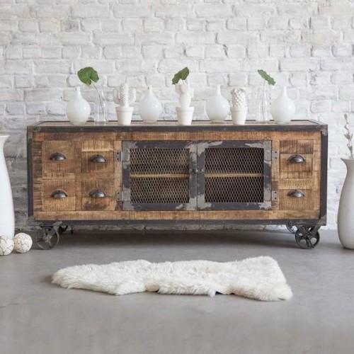 Meuble TV industriel 6 tiroirs finition antique