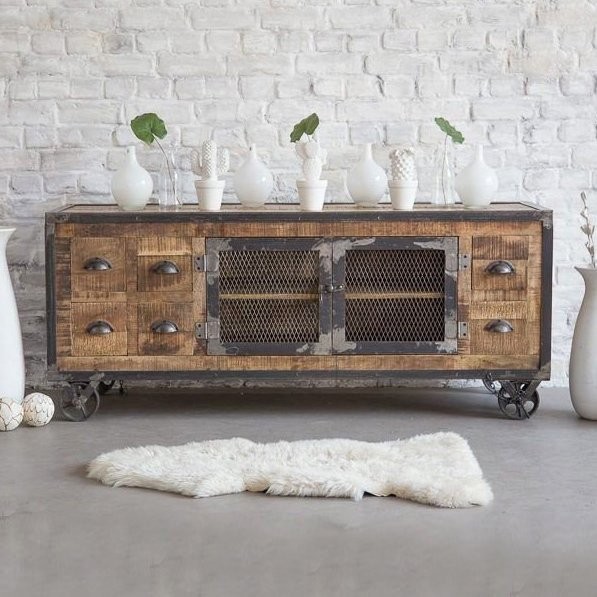 Meuble TV industriel 6 tiroirs finition antique