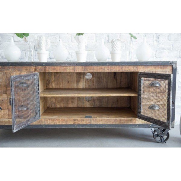 Meuble TV industriel 6 tiroirs finition antique