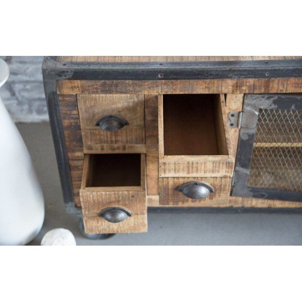 Meuble TV industriel 6 tiroirs finition antique