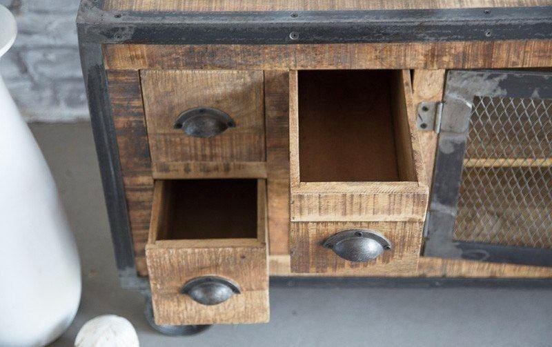 Meuble TV industriel 6 tiroirs finition antique