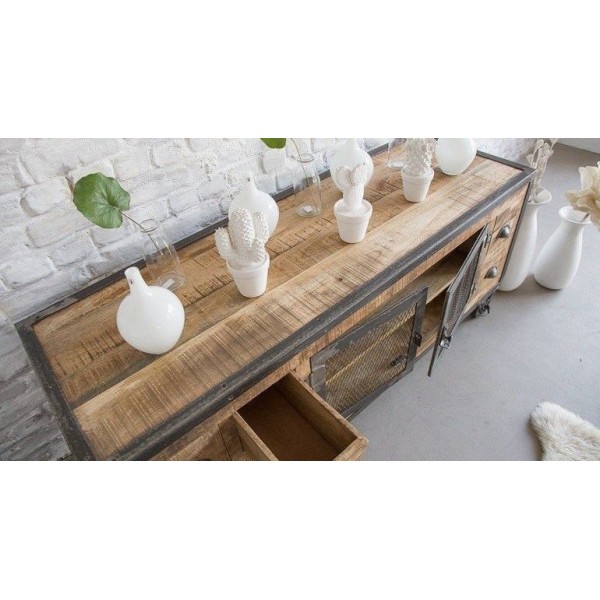 Meuble TV industriel 6 tiroirs finition antique