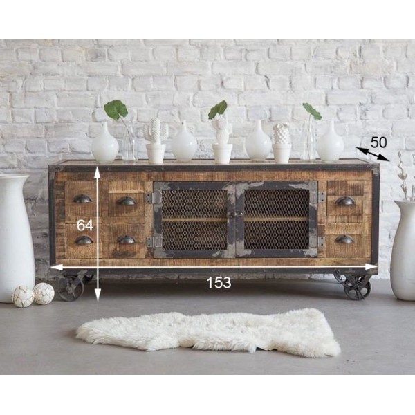Meuble TV industriel 6 tiroirs finition antique