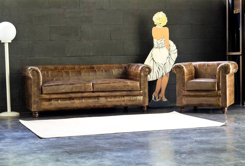 Fauteuil chesterfield en cuir patchwork