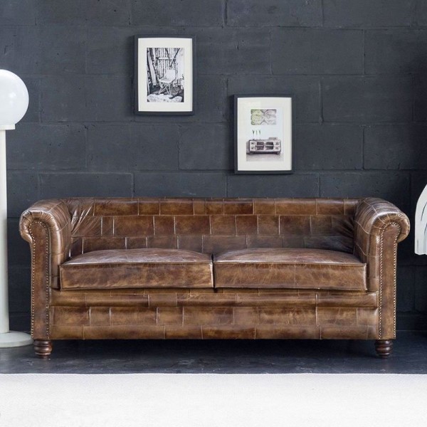 Canapé chesterfield en cuir patchwork 3 places