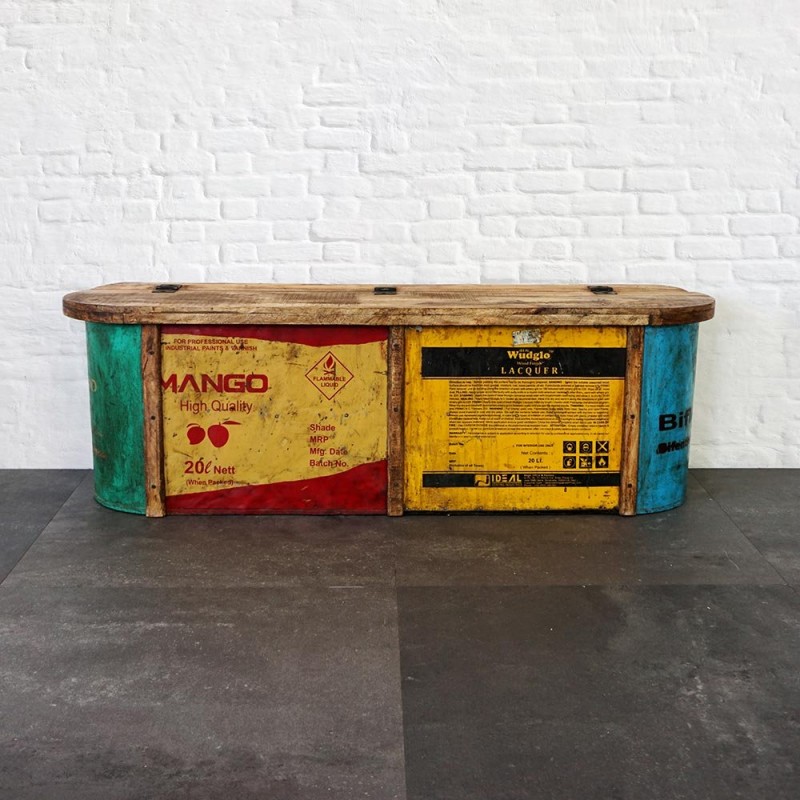 Banc coffre métal recyclé et bois