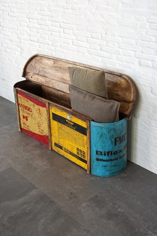 Banc coffre métal recyclé et bois