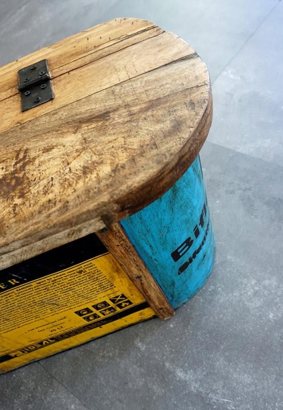 Banc coffre métal recyclé et bois