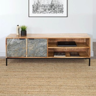 Meuble TV 160 cm en bois d'acacia et porte en pierre - Florence