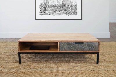 Table basse en bois d'acacia et tiroir en pierre - Florence