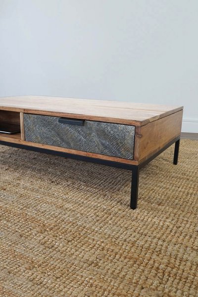 Table basse en bois d'acacia et tiroir en pierre - Florence