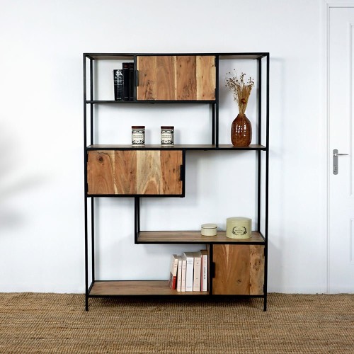 Etagère bibliothèque industrielle bois et métal avec portes