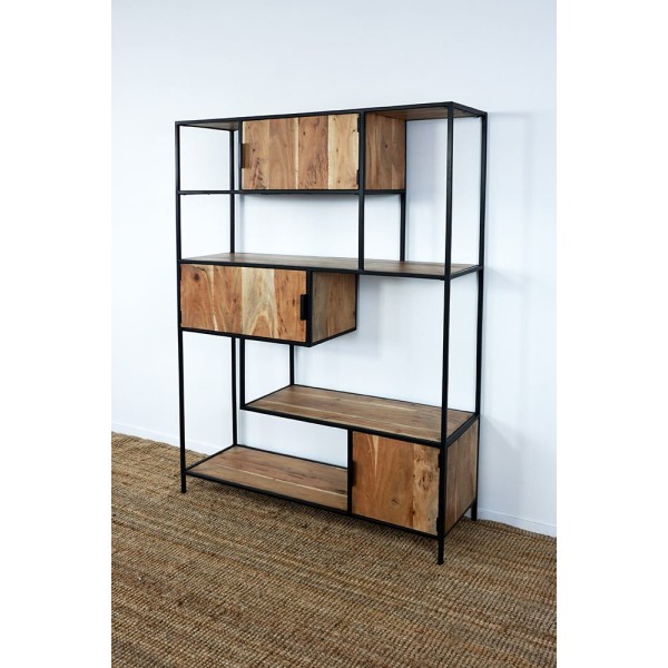 Etagère bibliothèque industrielle bois et métal avec portes