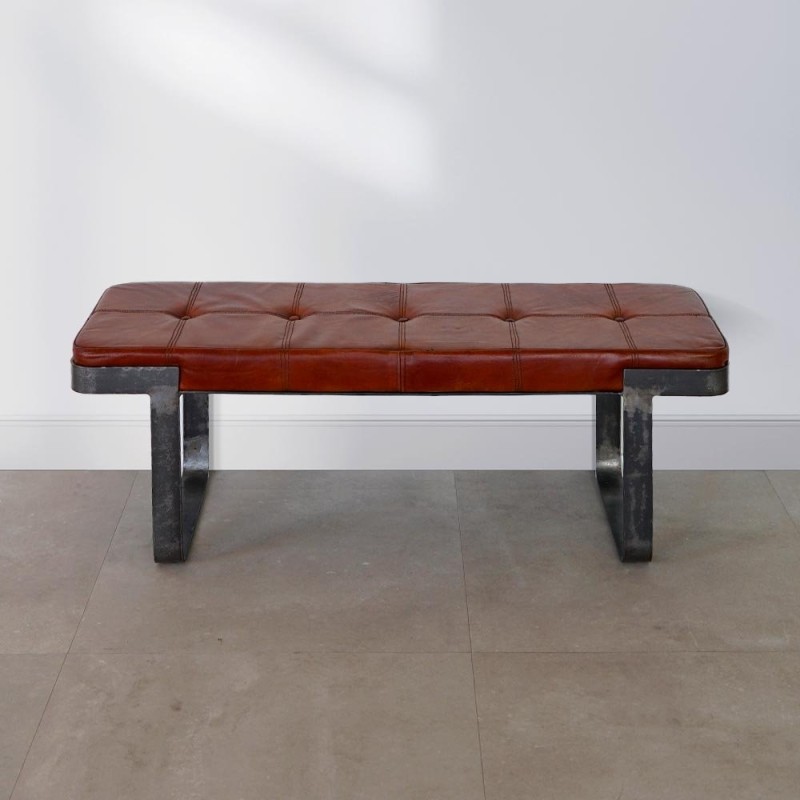 Banc industriel en cuir marron et métal