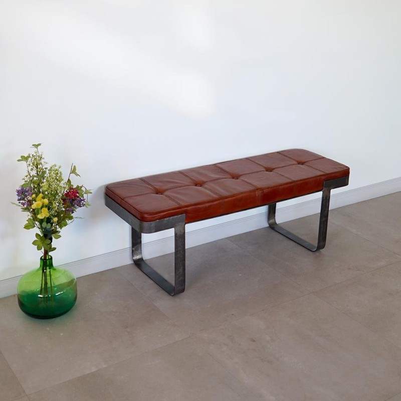Banc industriel en cuir marron et métal