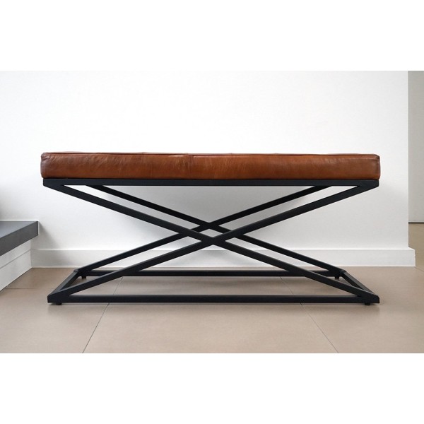 Banc en bois et cuir naturel