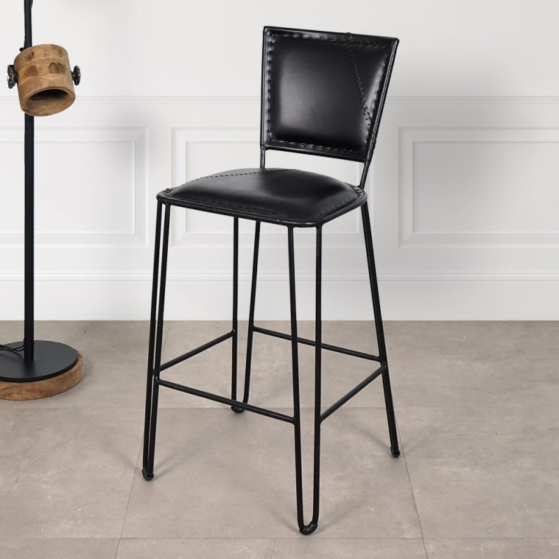 Chaise haute de cuisine vintage métal et cuir noir - Smart