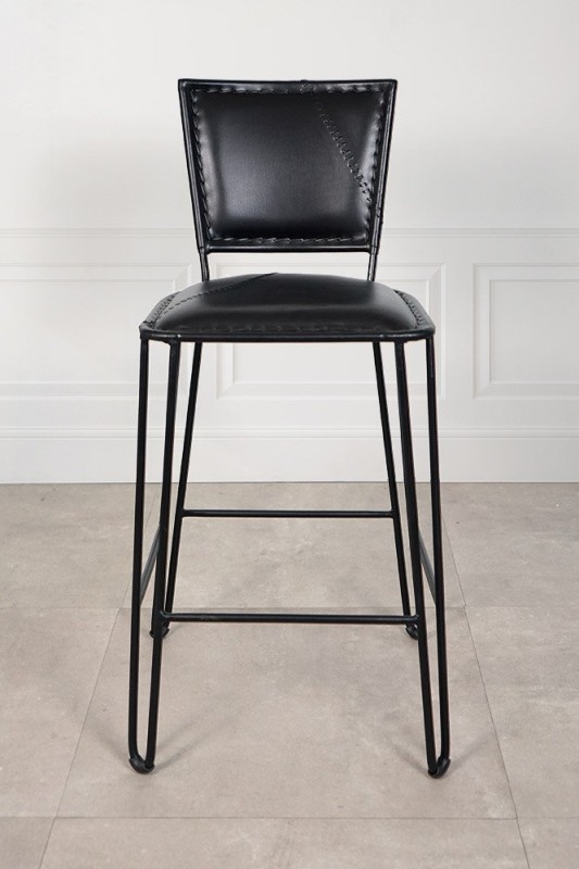 Chaise haute de cuisine vintage métal et cuir noir - Smart