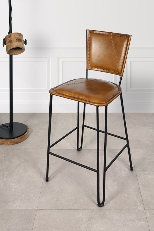 Chaise haute de cuisine vintage métal et cuir - Smart