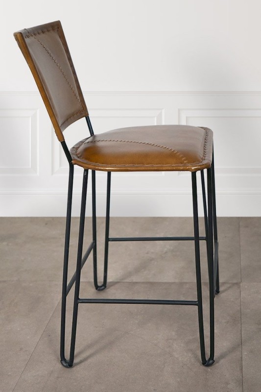 Chaise haute de cuisine vintage métal et cuir - Smart