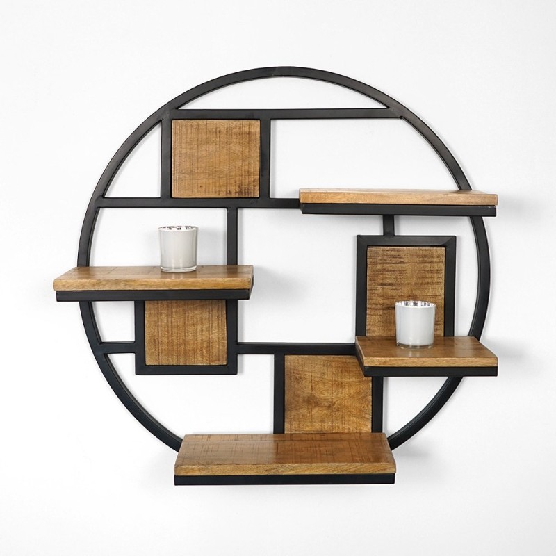 Etagère ronde industrielle en métal et bois