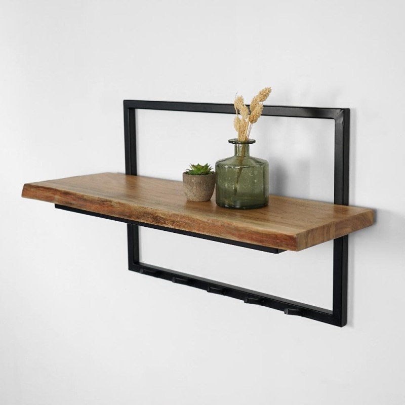 Porte manteaux mural bois massif et métal 5 crochets