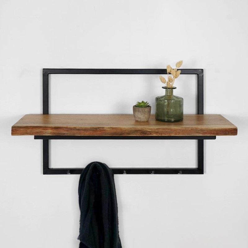 Porte manteau industriel bois massif et métal 5 crochets