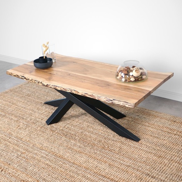 Table basse avec plateau en bois massif à bord naturel - Mikado