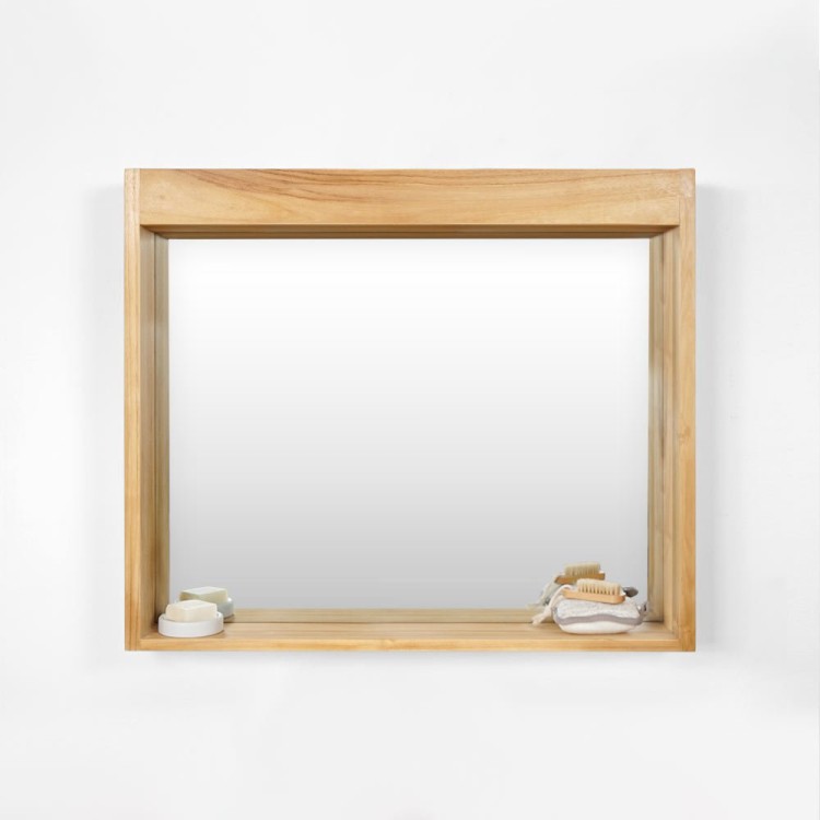 Miroir rectangulaire 90 cm cadre en teck massif avec emplacement lampes